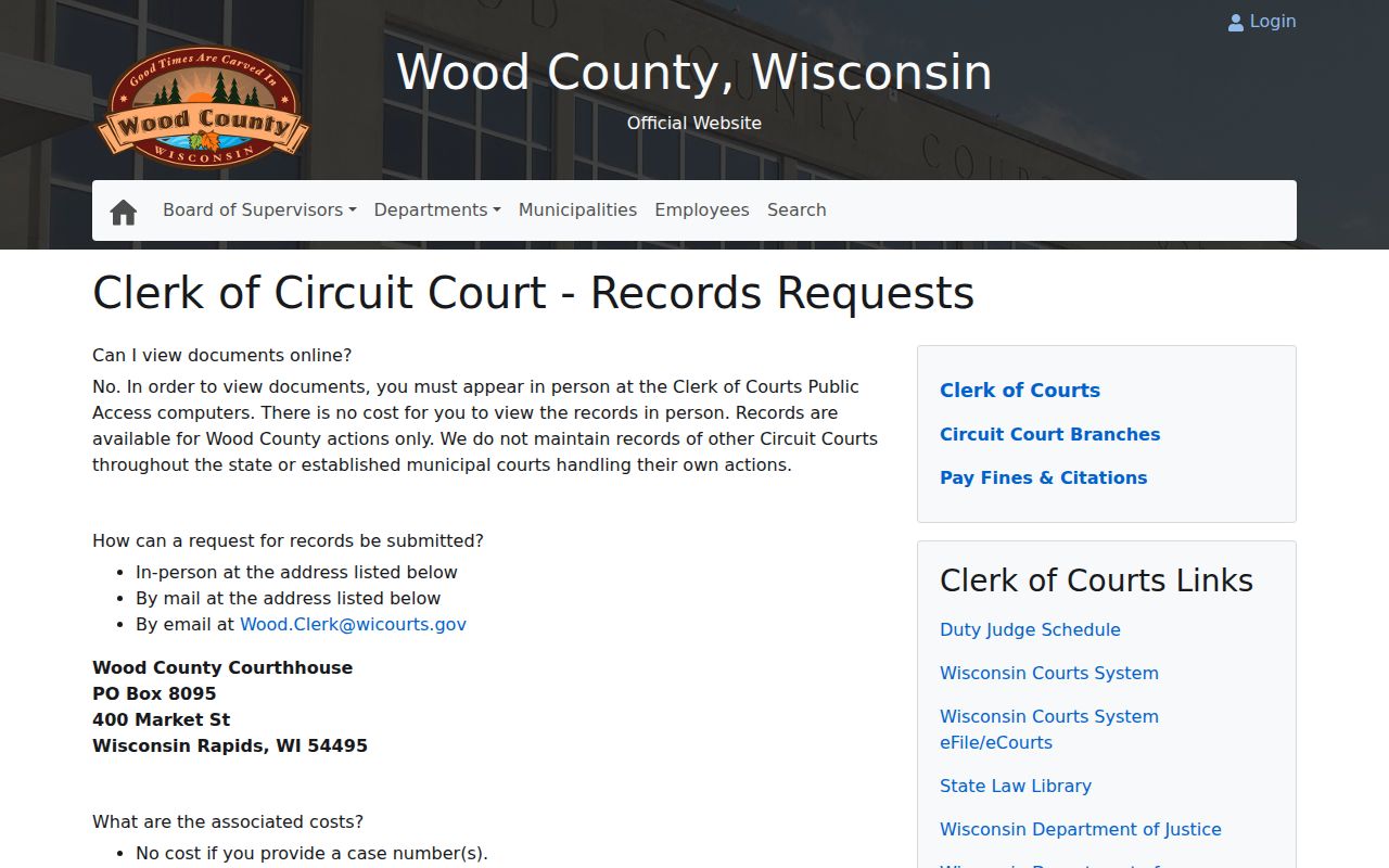 Wood County criminal court record request methods and fees