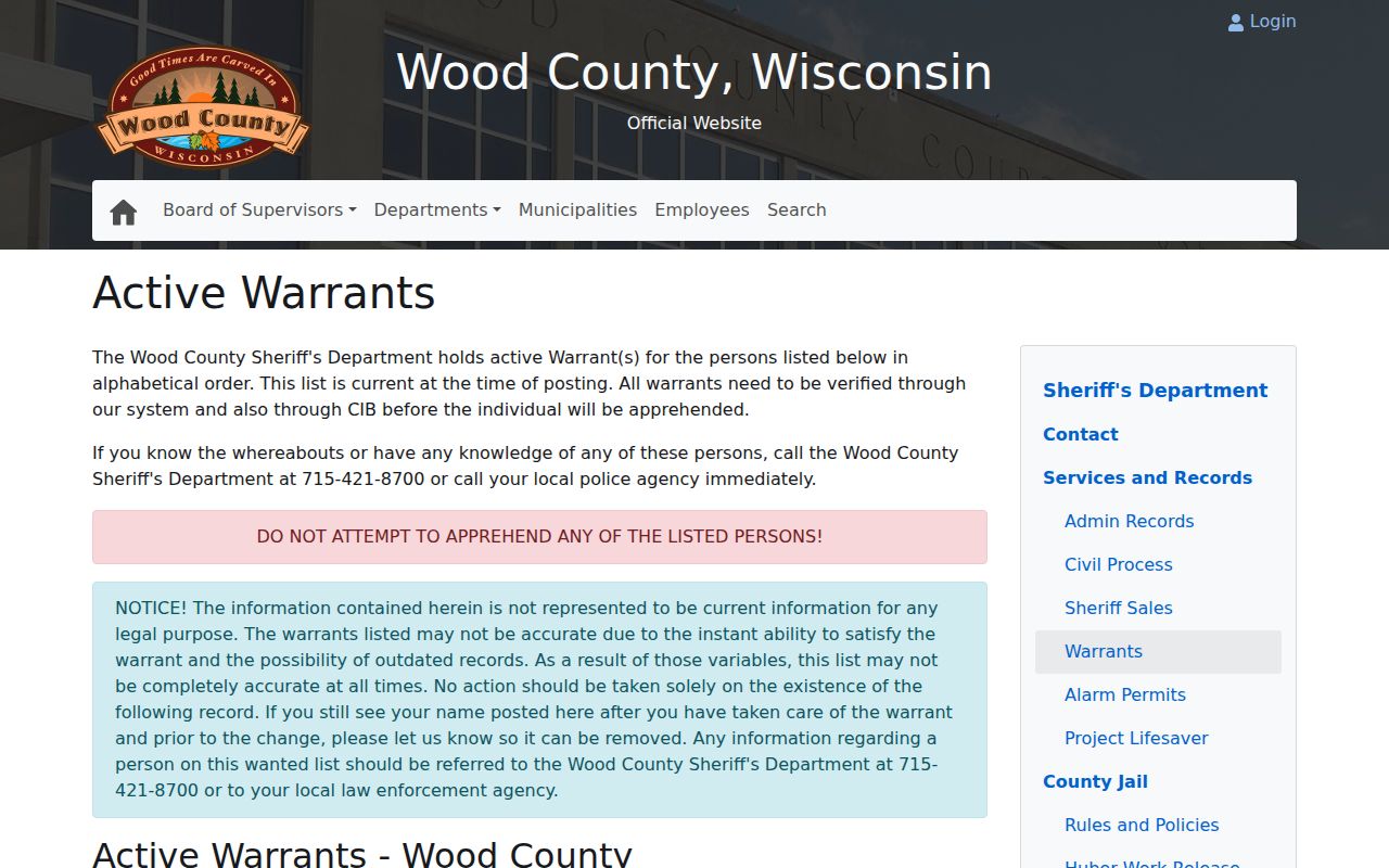 Wood County criminal warrant record table and status warning