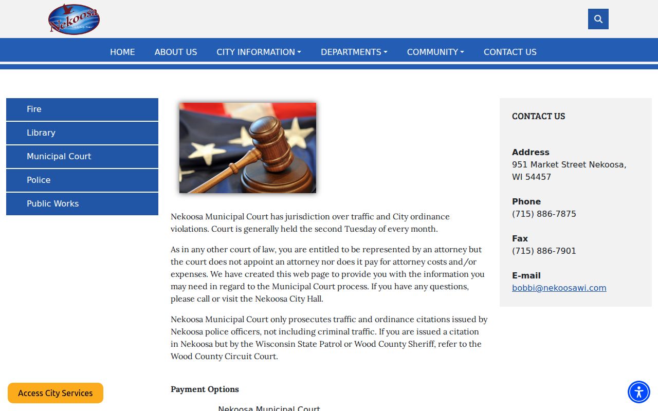 Nekoosa Wood County criminal records municipal court and payment channels