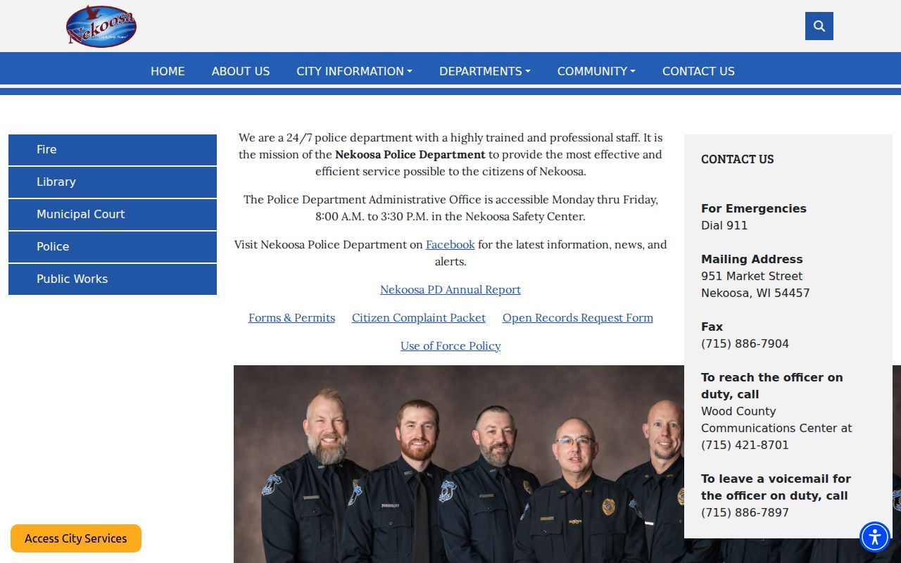 Nekoosa Wood County criminal records police department Safety Center page